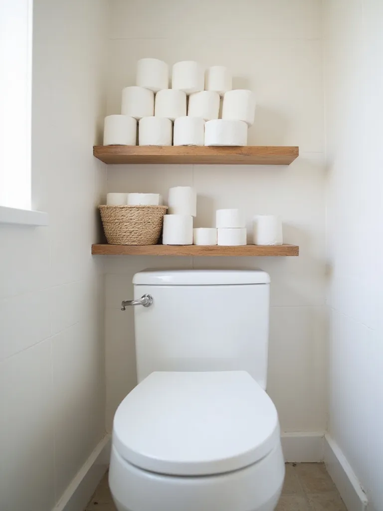 Natural wood shelf over a white toilet holding a woven basket filled with neatly stored white toilet paper rolls.