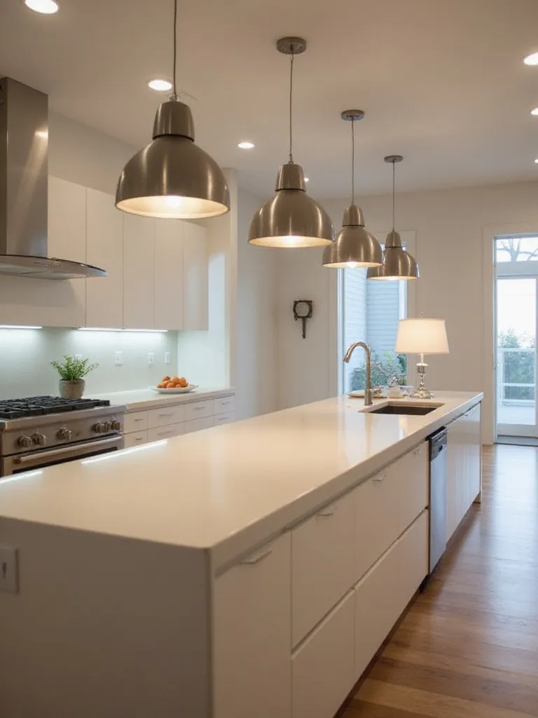 Modern kitchen island with pendant lights providing task lighting and recessed lights creating ambient lighting.