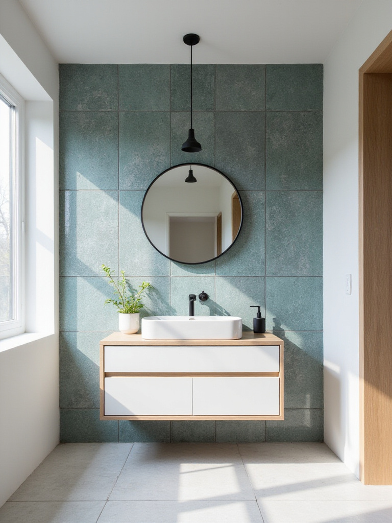 Bathroom statement wall with geometric teal and grey tiles behind floating vanity.