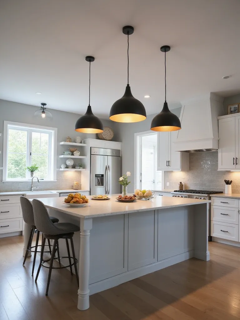 Modern kitchen island with three matte black linear suspension lights.