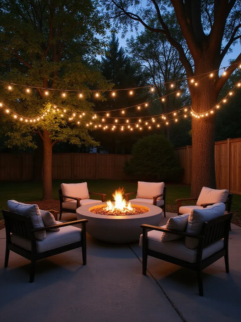 Backyard patio with fire pit and string lights