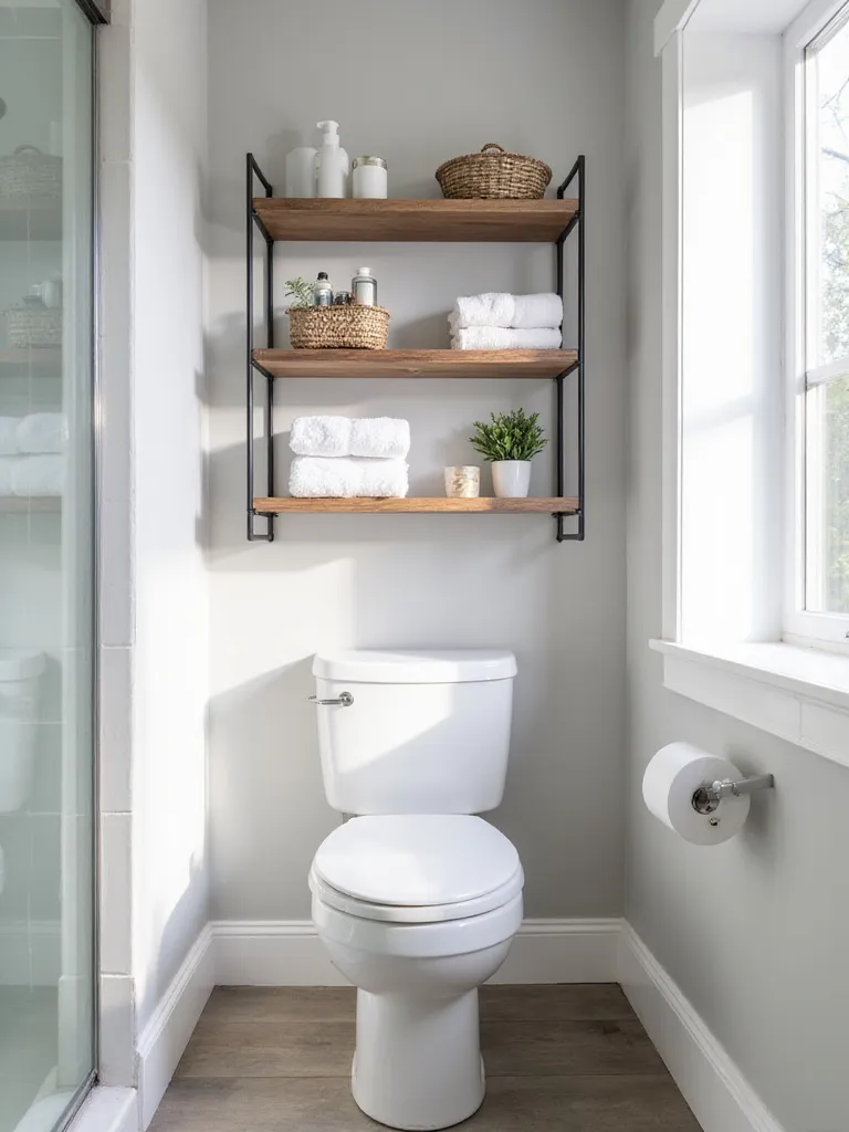 Multi-tiered shelving unit installed over a toilet in a modern bathroom, showcasing vertical storage for towels and toiletries.