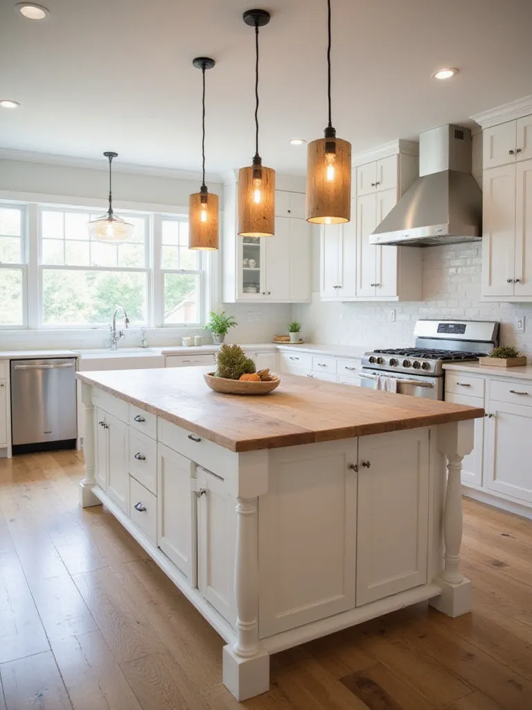 Kitchen island with three wooden pendant lights providing warm, natural illumination.