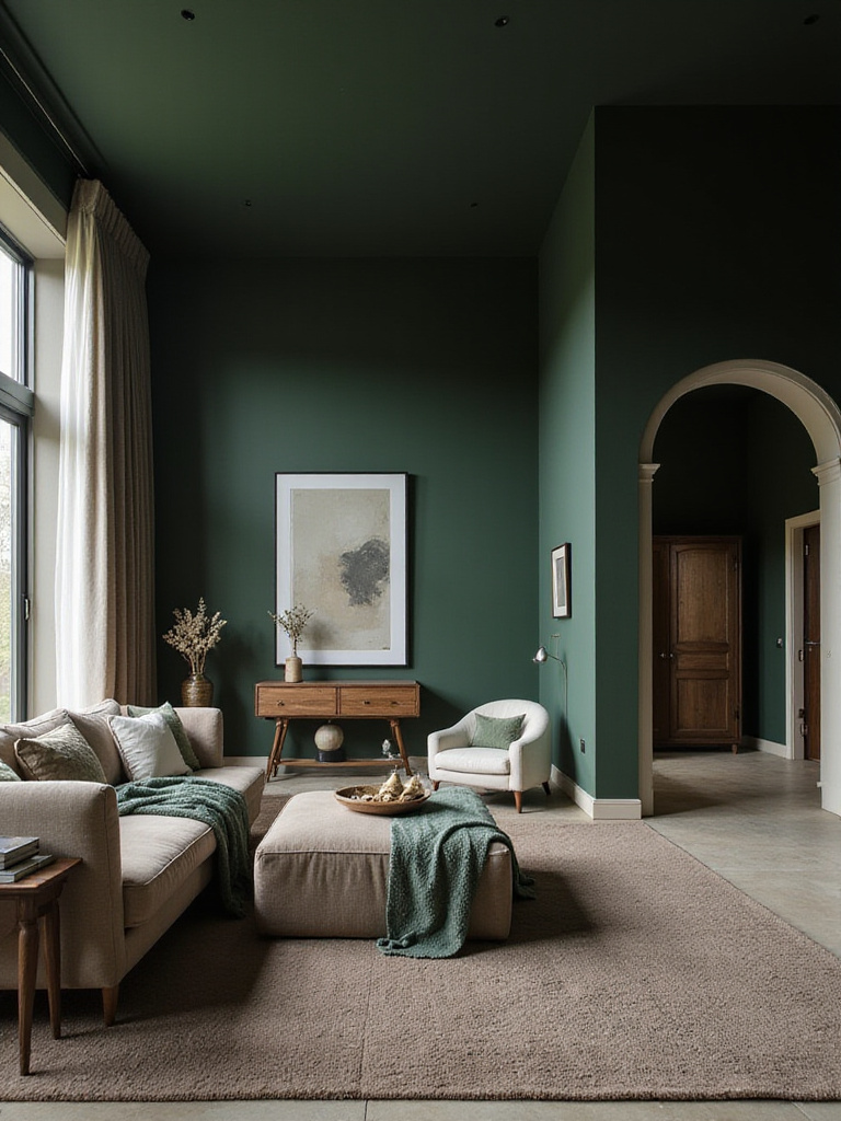 A large bedroom made to feel cozier and more intimate with the use of deep, saturated paint colors on the walls, contrasted with lighter furnishings.