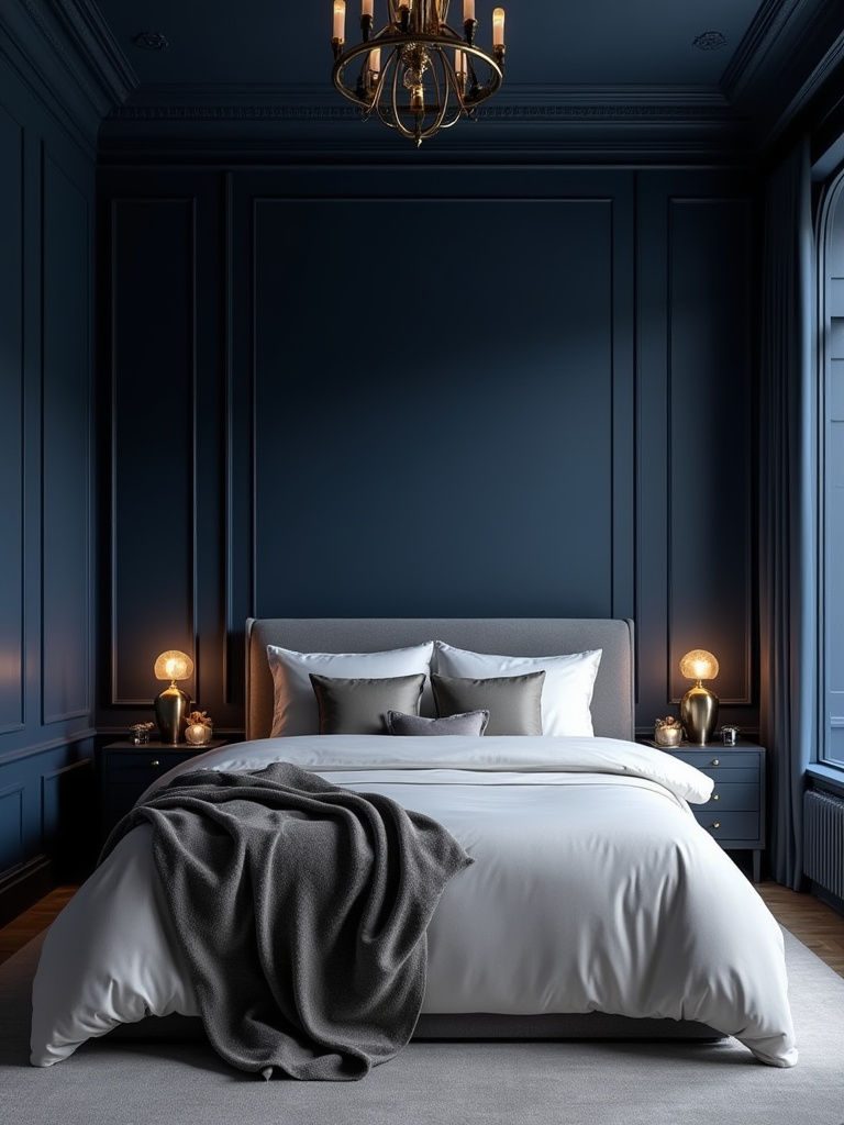 An elegant and dramatic bedroom with deep navy blue walls, creating a luxurious and enveloping atmosphere with contrasting light furnishings.