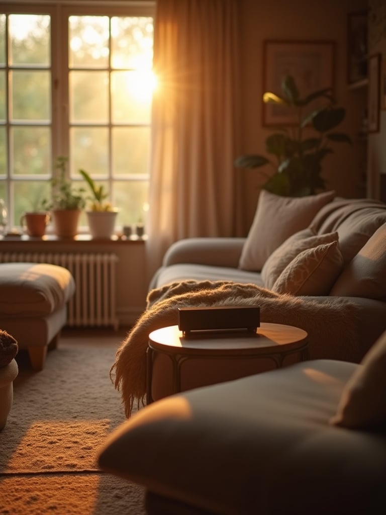 A cozy living room bathed in warm light, featuring comfortable furniture and a discreet speaker, suggesting a peaceful atmosphere enhanced by soft ambient sound.