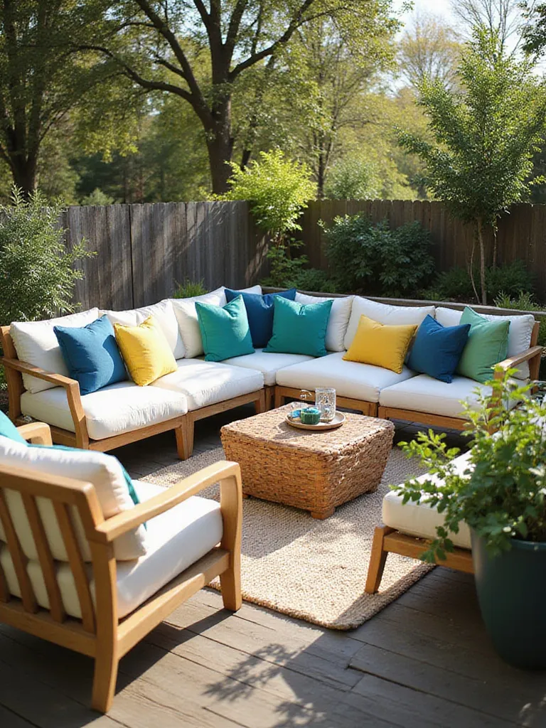 Comfortable deck seating area with colorful outdoor pillows and cushions