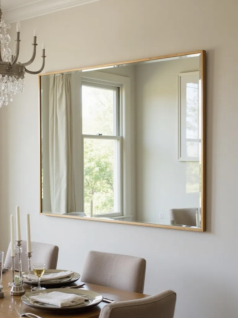 Modern dining room with large decorative mirror reflecting light and garden view, enhancing space.