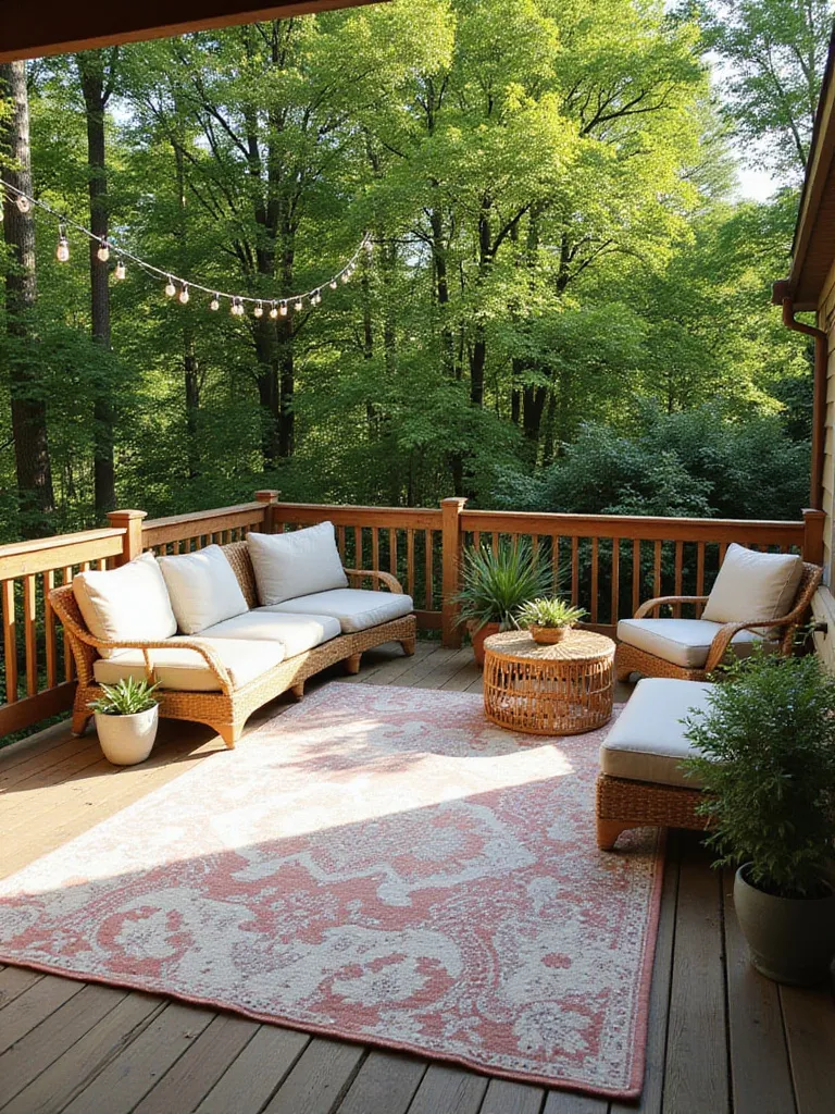 Outdoor deck decorated with a patterned rug, wicker furniture, and potted plants.