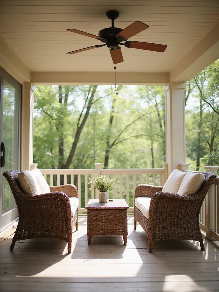 Outdoor ceiling fan providing cooling on a covered deck