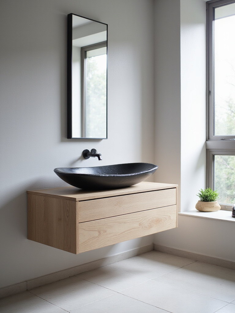 Modern bathroom with a bold, asymmetrical black stone sink.
