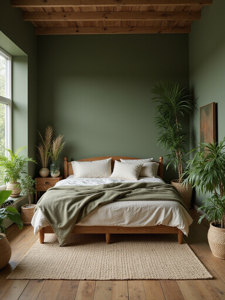 A bedroom with earthy green walls (olive or moss), decorated with natural materials and plants to bring the calming essence of nature indoors.