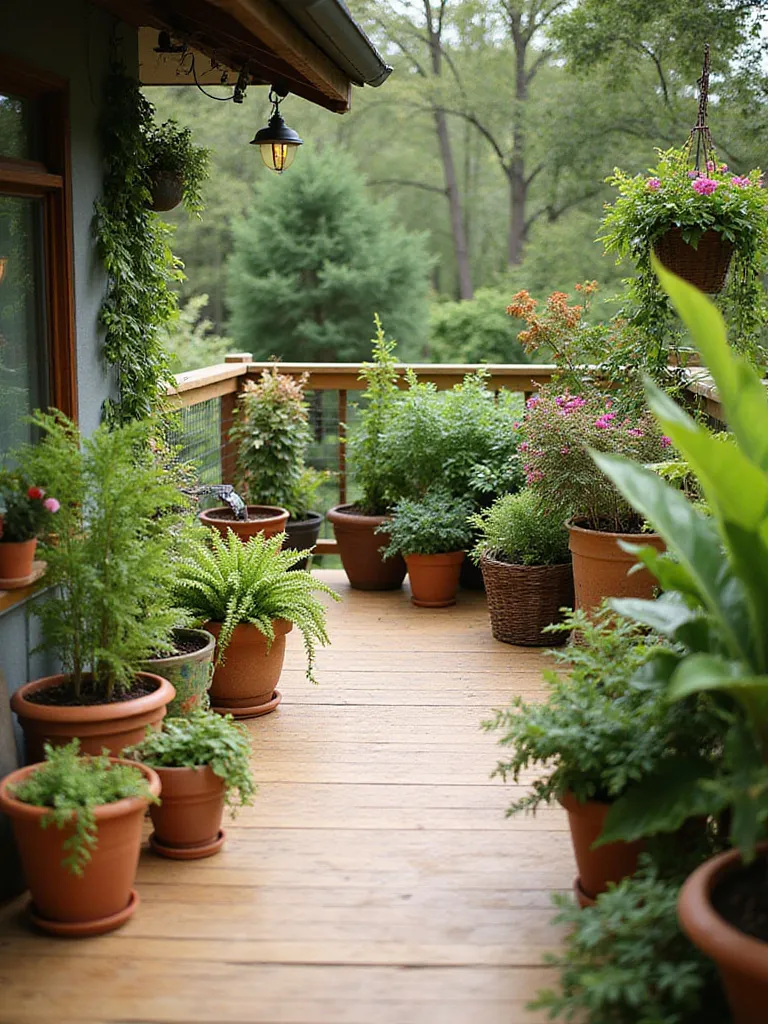 Deck decorated with potted plants and greenery, creating a relaxing outdoor living space