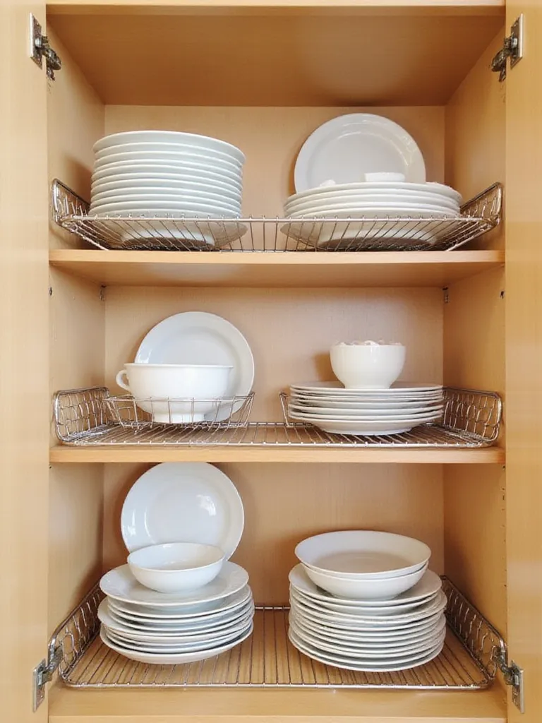 Kitchen cabinet shelf showing white plates and bowls neatly organized using metal wire and plastic stacking racks.