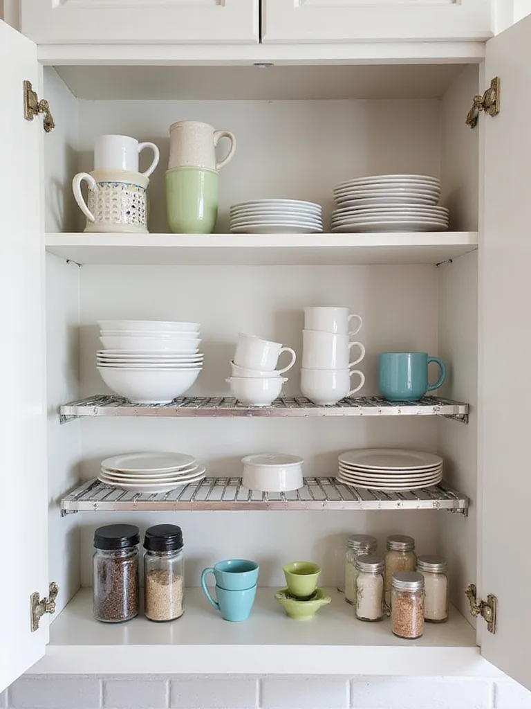 Kitchen cabinet interior organized with metal wire shelf risers and expanders, showcasing neatly stacked plates, mugs, and spices to maximize storage space.