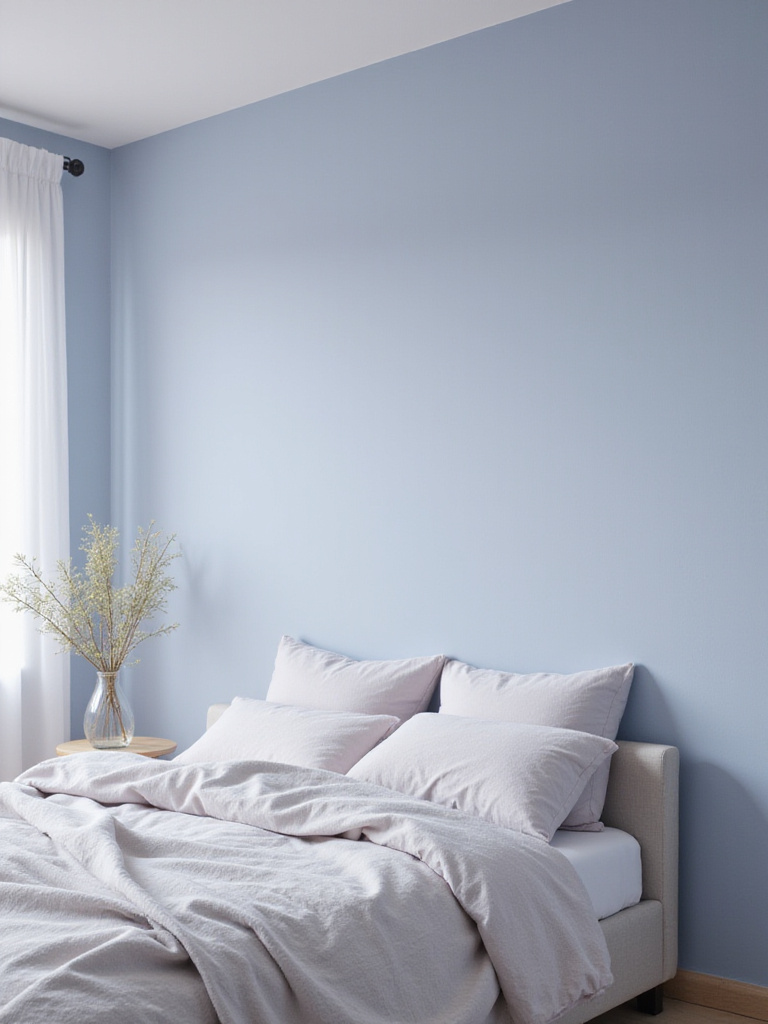 A tranquil bedroom painted in a soft, calming color, featuring a neat bed and gentle lighting, illustrating the impact of paint on sleep quality.
