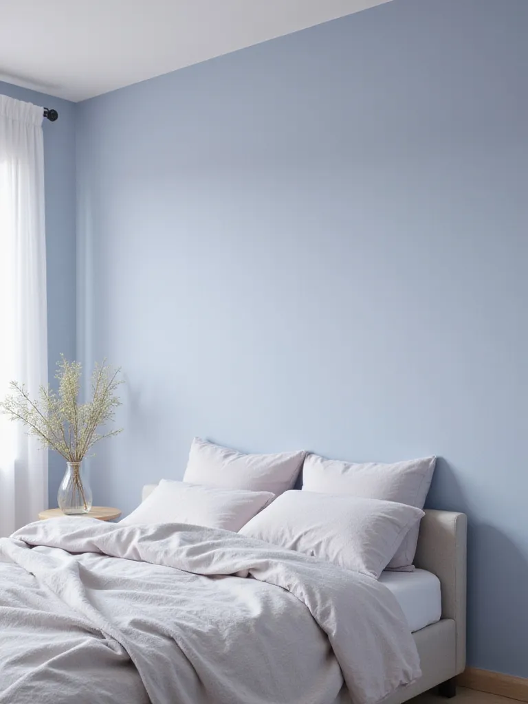 A tranquil bedroom painted in a soft, calming color, featuring a neat bed and gentle lighting, illustrating the impact of paint on sleep quality.