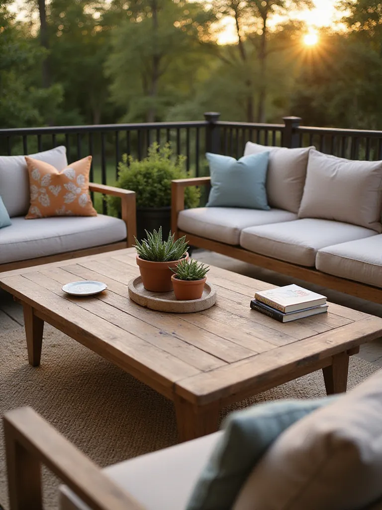 Stylish teak coffee table on a decorated outdoor deck.