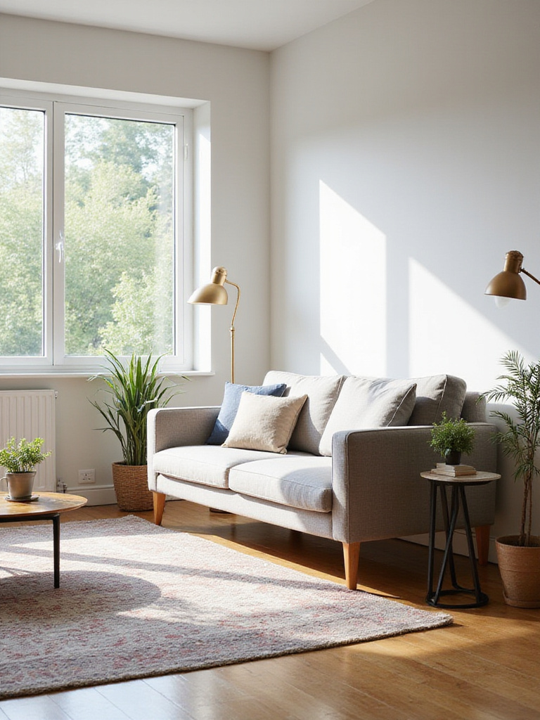 A perfectly sized sofa fitting comfortably in a bright, stylish apartment living room, demonstrating scale and proportion for apartment living.