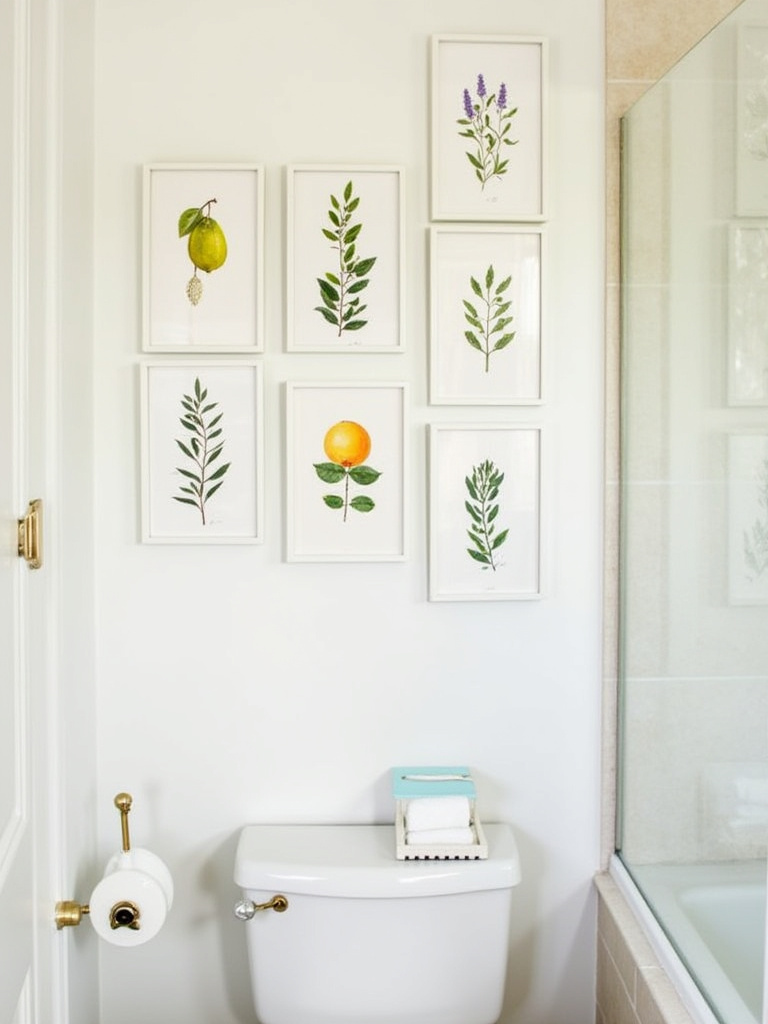 A gallery wall in a bathroom featuring framed botanical prints of Mediterranean plants like citrus, olive branches, and lavender.