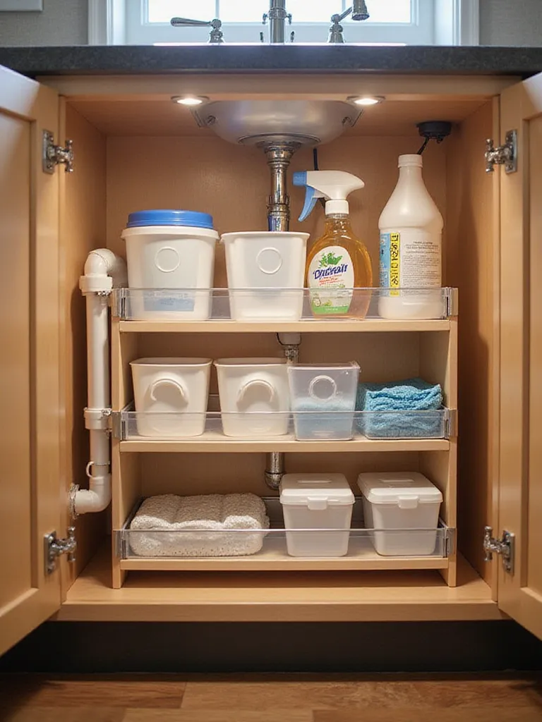 Neatly organized under kitchen sink cabinet with cleaning supplies stored in pull-out drawers and stackable shelves fitting around plumbing pipes.