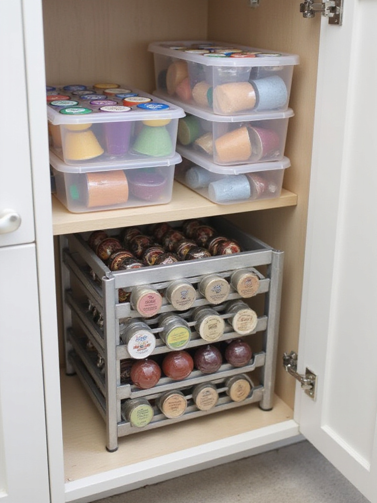 Variety of coffee pod organizers including drawers, pull-out trays, and door-mounted holders neatly arranged on a shelf inside a kitchen cabinet, storing colorful K-Cups and Nespresso pods.