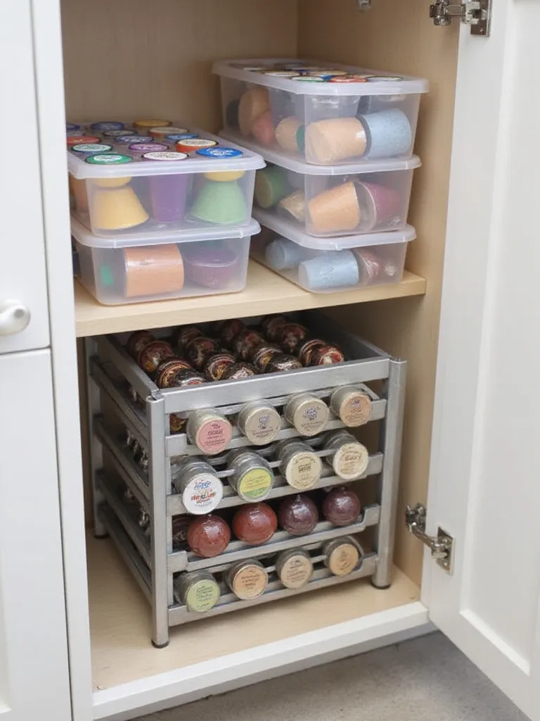 Variety of coffee pod organizers including drawers, pull-out trays, and door-mounted holders neatly arranged on a shelf inside a kitchen cabinet, storing colorful K-Cups and Nespresso pods.