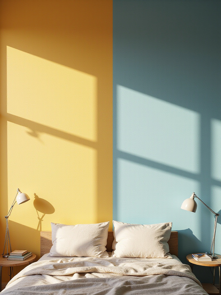 An illustration of how natural light from different orientations (north-facing vs. south-facing) affects the appearance of the same paint color on bedroom walls.