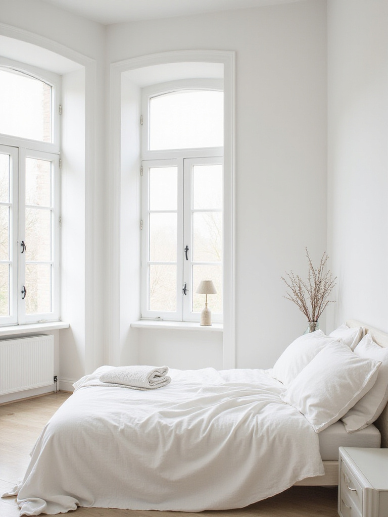 A serene bedroom retreat with walls painted in a nuanced shade of white, maximizing natural light and creating a peaceful, airy atmosphere.