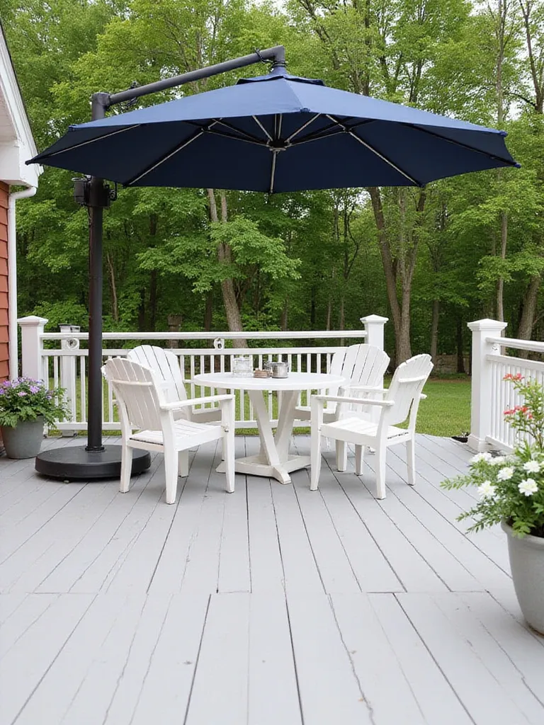 Deck with cantilever umbrella providing shade over outdoor seating area