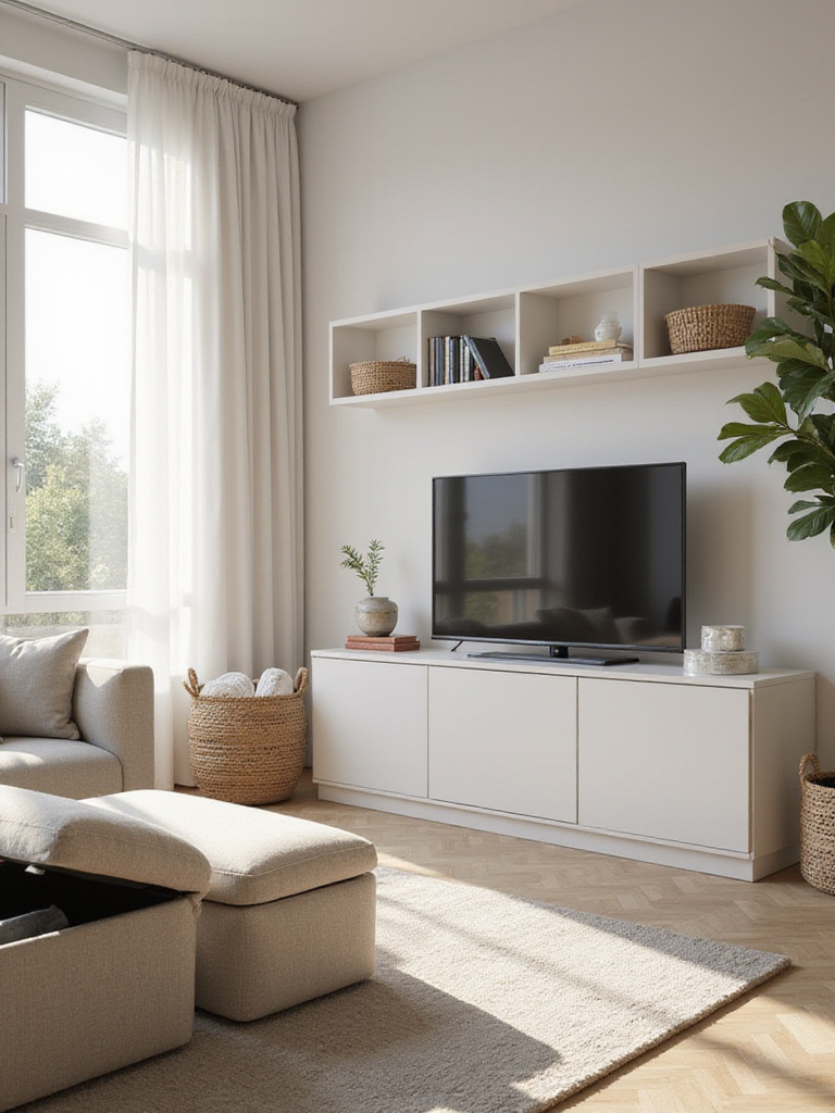 A tidy apartment living room showcasing chic storage solutions like a storage ottoman, media console with cabinets, floating shelves with decorative baskets, and a large floor basket for throws.