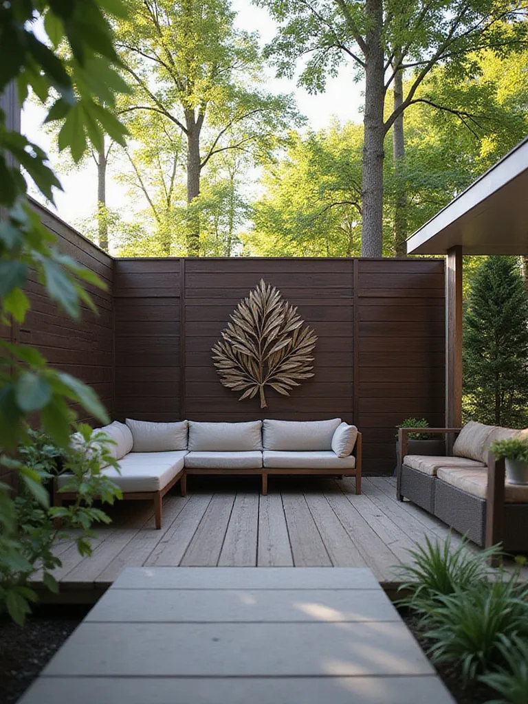 Modern deck with metal leaf sculpture on wooden privacy screen.