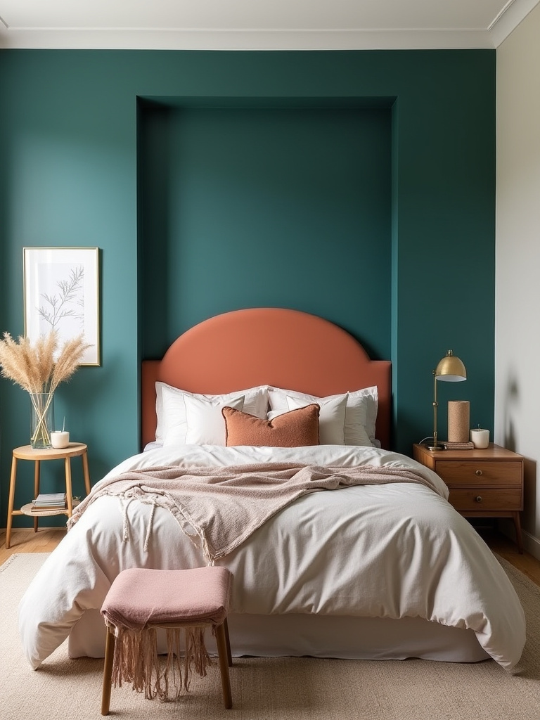 A bedroom featuring a stunning painted accent wall behind the headboard in a bold color, creating visual impact and anchoring the sleeping area.