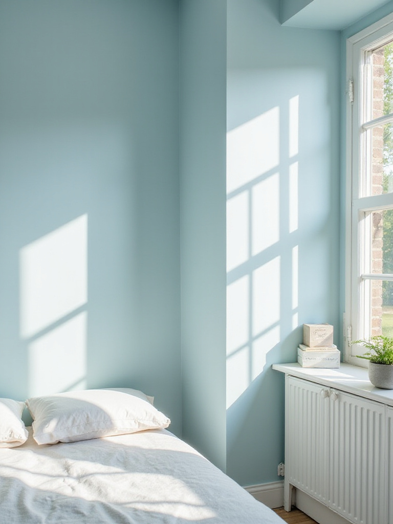 A serene bedroom with walls painted in a soft, dusty blue, complemented by light wood furniture and white linens, promoting relaxation.