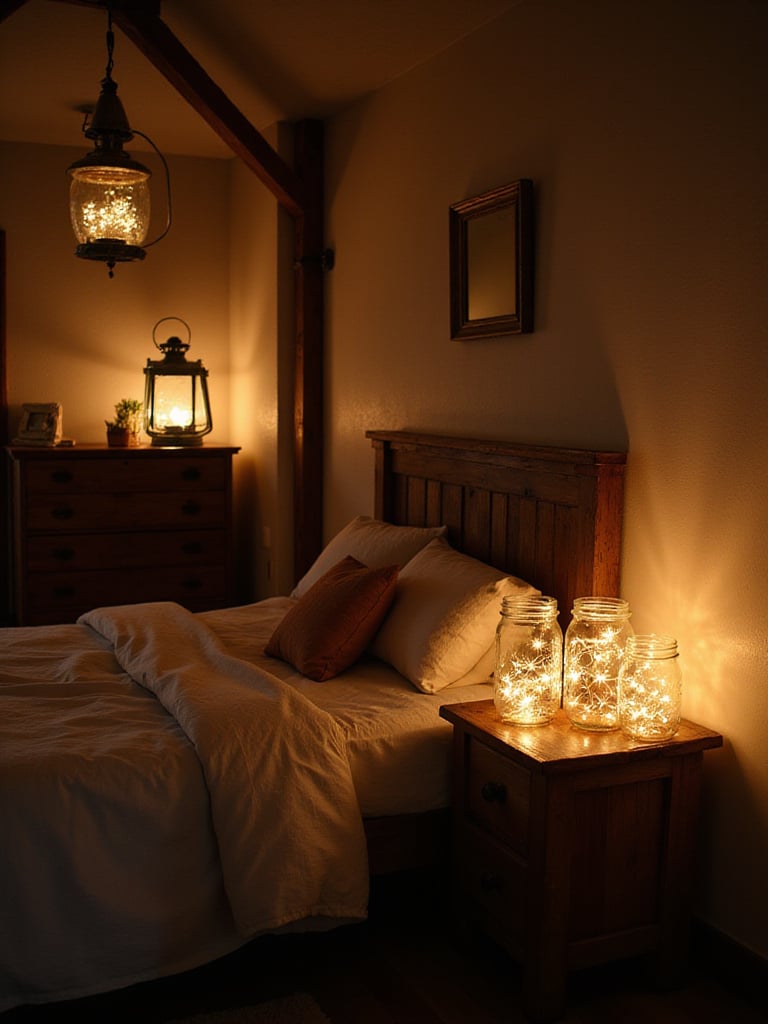 Rustic bedroom featuring warm ambient light from mason jars filled with fairy lights on a bedside table and distressed metal lanterns on a dresser and hanging from a beam.