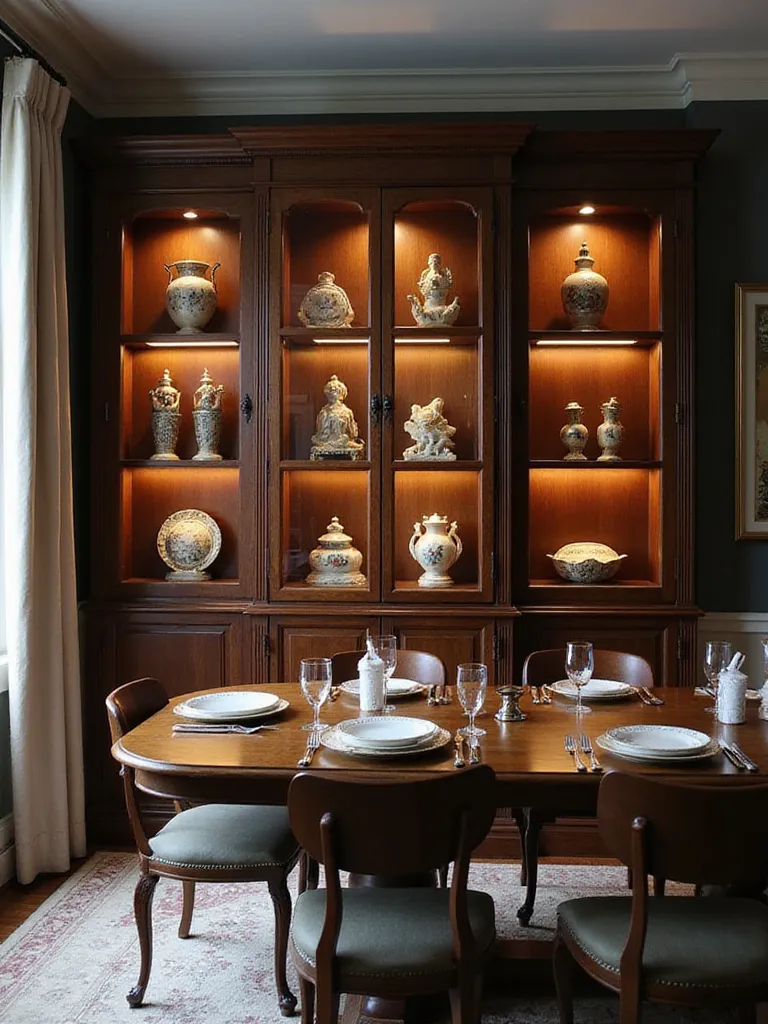Elegant dining room with a dark wood display cabinet showcasing antique porcelain and glass figurines.