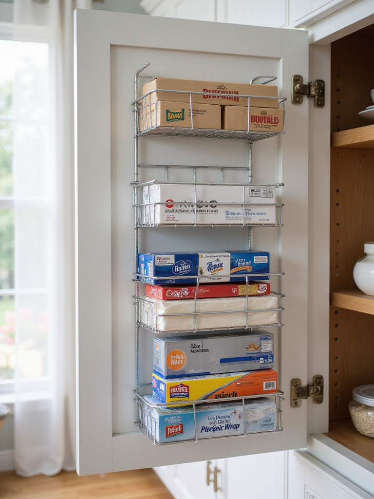 A silver wire door-mounted organizer holding boxes of aluminum foil, plastic wrap, and parchment paper on the inside of a kitchen cabinet door, demonstrating space-saving kitchen organization.
