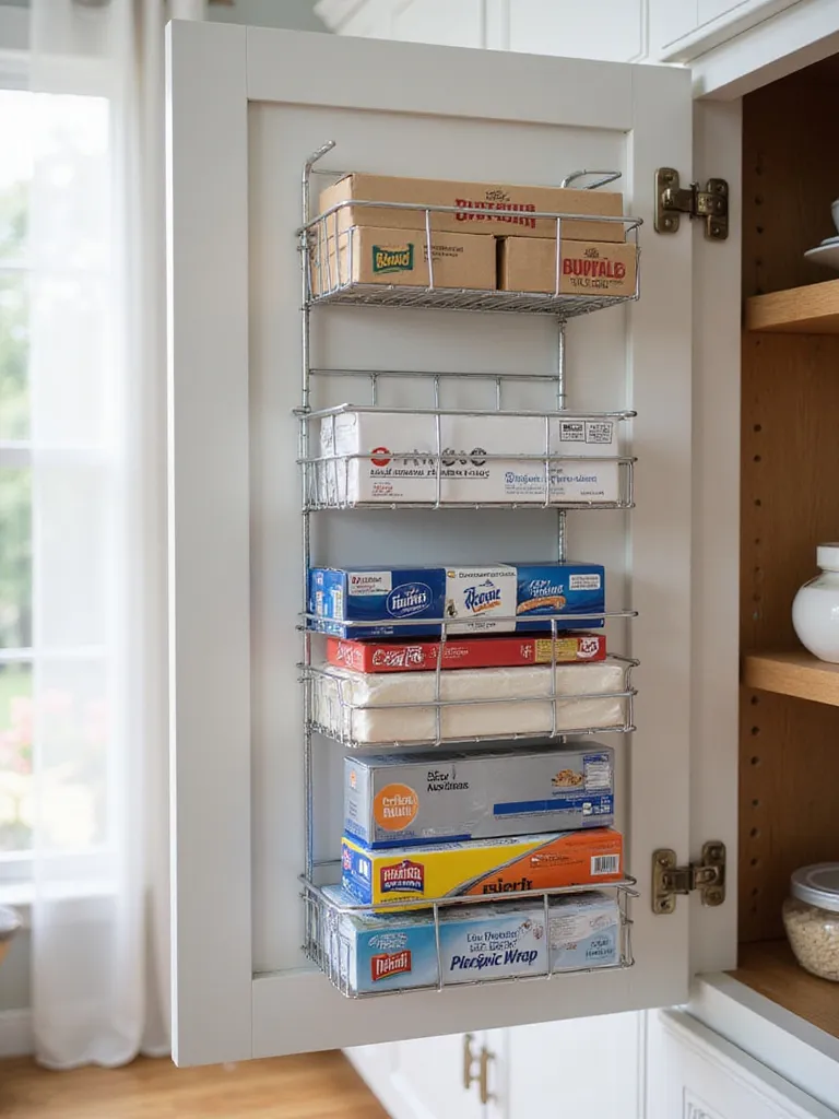 A silver wire door-mounted organizer holding boxes of aluminum foil, plastic wrap, and parchment paper on the inside of a kitchen cabinet door, demonstrating space-saving <a href=