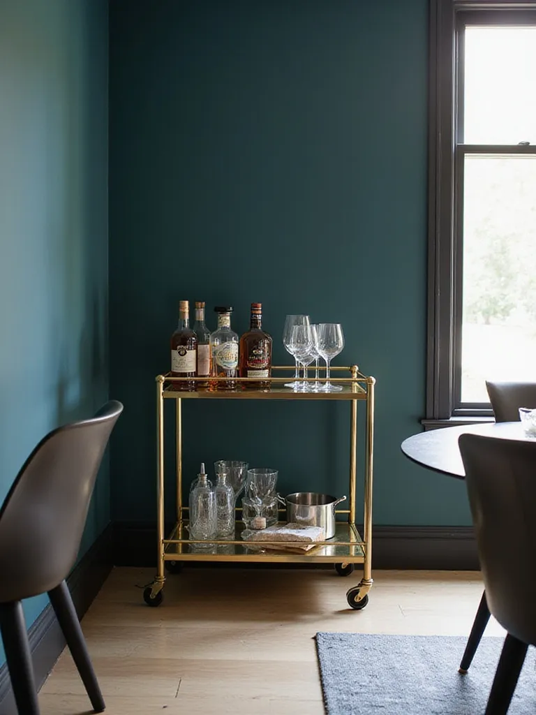 Elegant bar cart with glassware and liquor in a modern dining room.