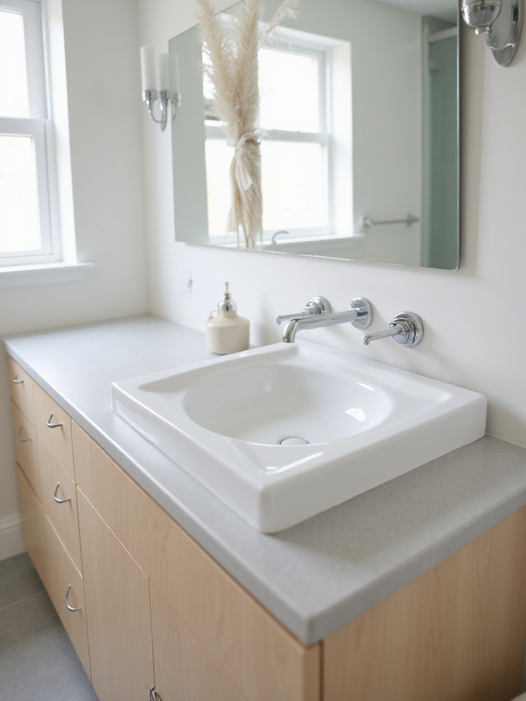 Modern bathroom vanity with a white drop-in sink and chrome faucet.