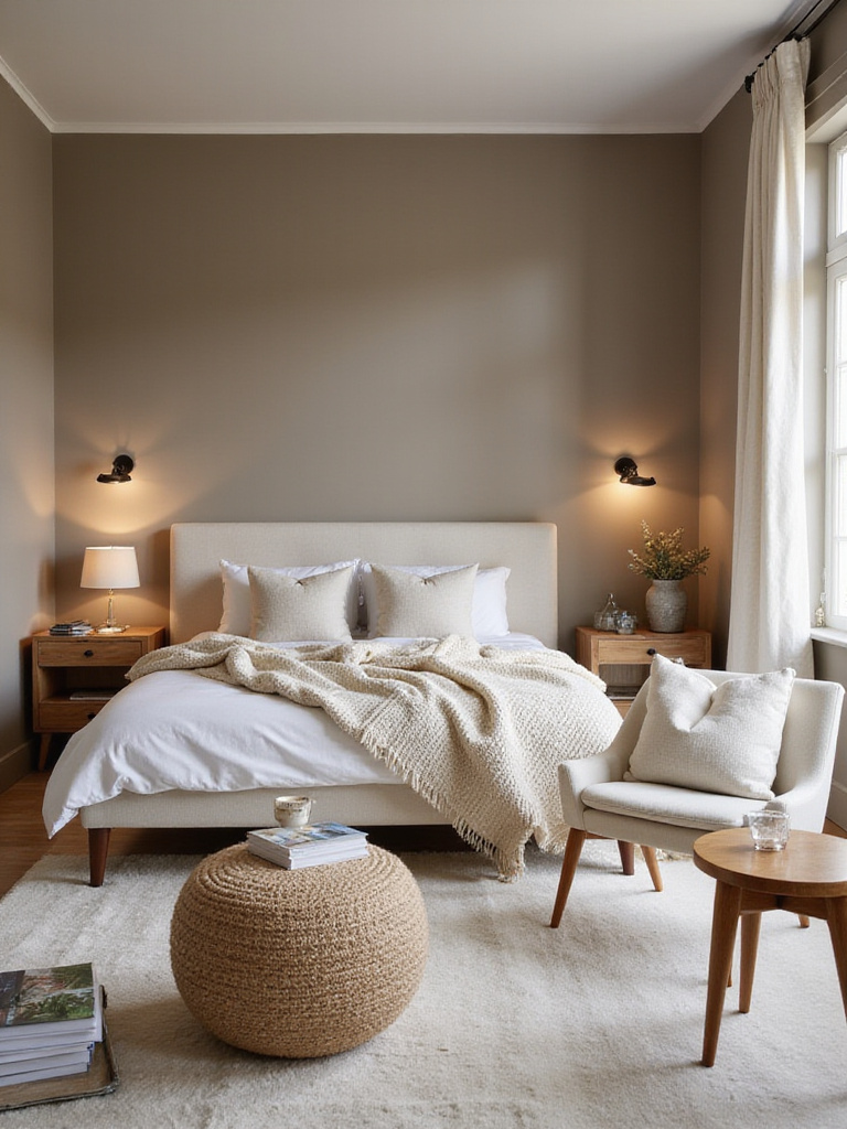A cozy and sophisticated bedroom with warm greige walls, layered textures, and soft ambient lighting, demonstrating the warmth of neutral colors.
