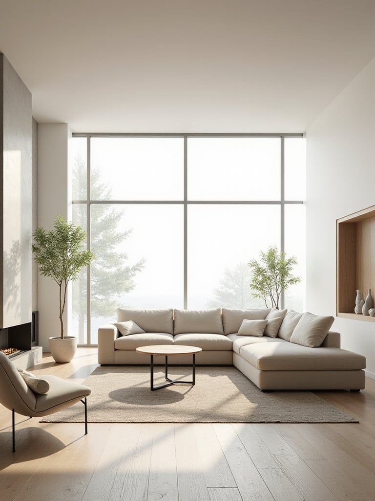 Modern living room featuring minimalist furniture with clean lines, neutral colors, and abundant natural light.