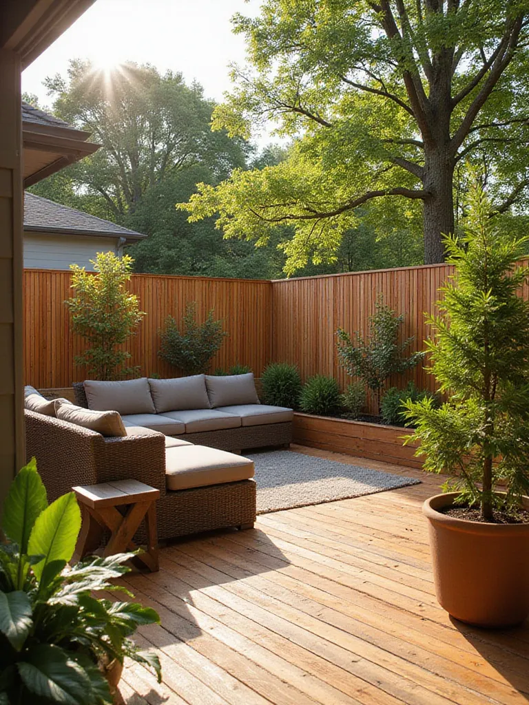 Modern deck with cedar privacy screen and integrated planters.