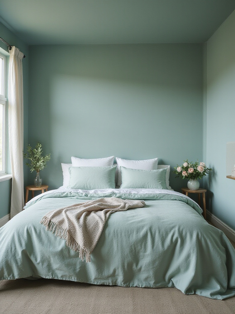 A deeply relaxing bedroom environment achieved through a carefully chosen paint color palette of soft, muted hues, creating a serene and gentle atmosphere.