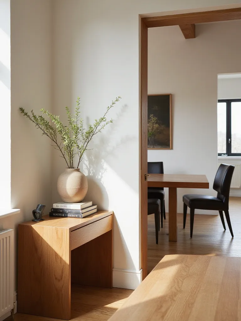 Dining room interior featuring a stylish console table with minimalist decor.
