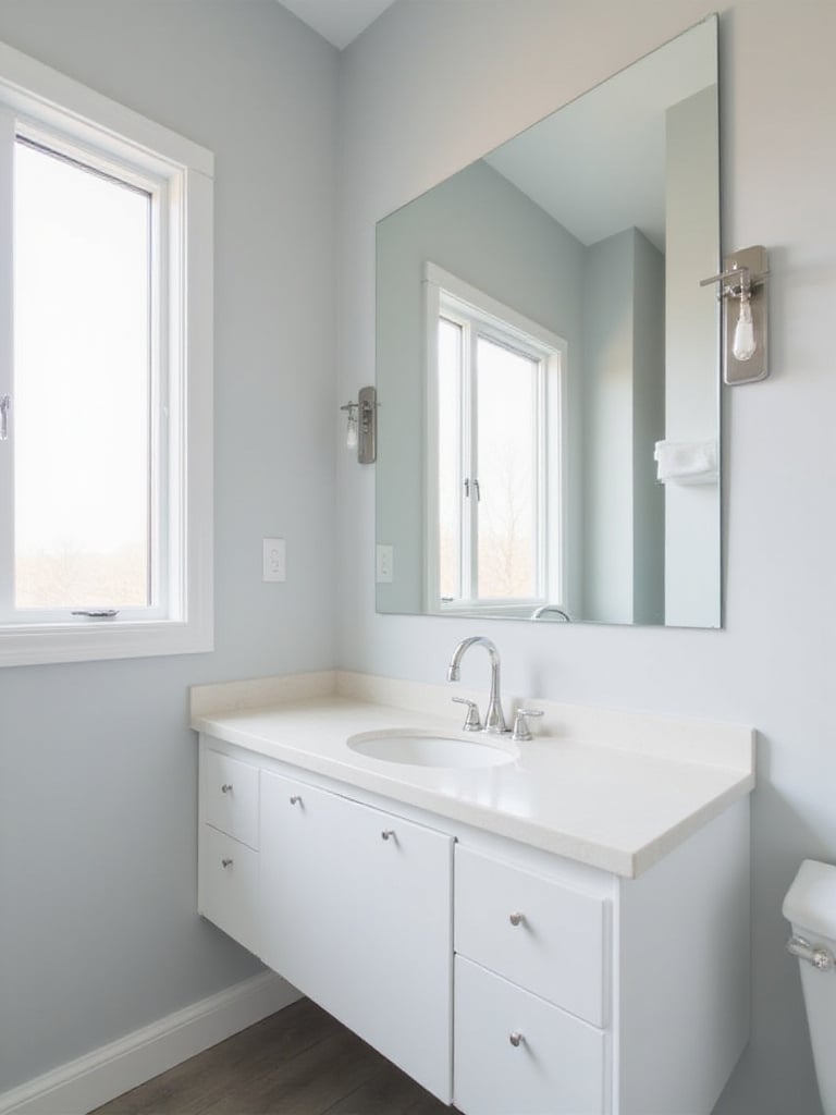 Small bathroom with a large frameless mirror above the vanity, creating the illusion of more space.