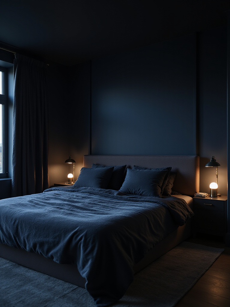A dramatic bedroom with bold dark walls in charcoal or navy, creating a sophisticated, cocoon-like, and secure atmosphere with moody lighting.