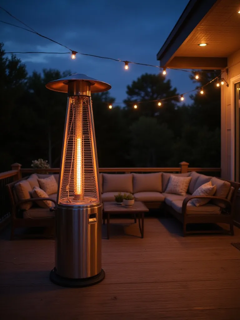 Deck with patio heater extending the outdoor season.