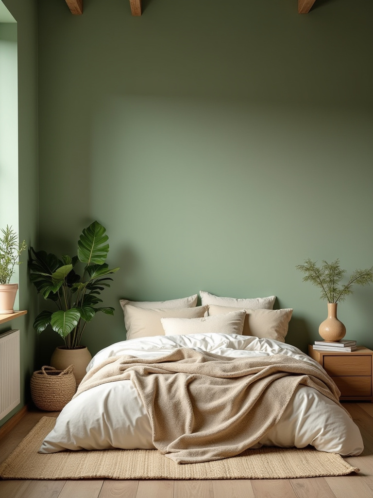A bedroom with tranquil sage green walls, natural wood furniture, and plants, creating a grounding and restful environment.