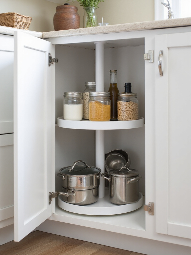 A full circle, two-tier lazy susan inside an open kitchen corner base cabinet, organized with pots, pans, dry goods, and oils. An example of a brilliant kitchen cabinet organizer maximizing corner space.